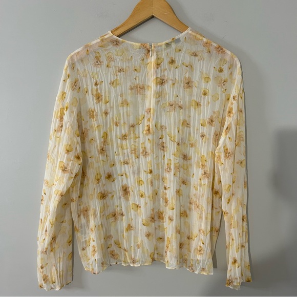 Vince Pressed Petal Blouse Yellow Floral Pleated Crinkle Semi Sheer Top - Picture 10 of 12